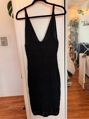 Anthropologie Black Crochet V-Neck Midi Dress